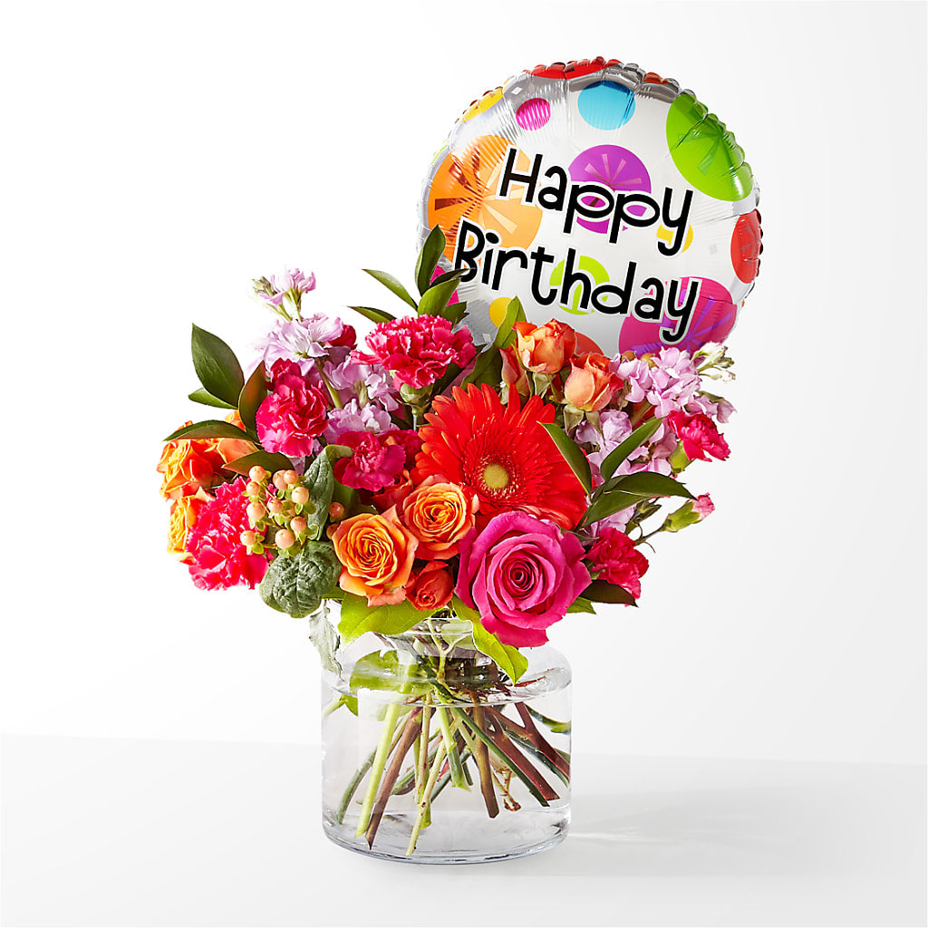Fiesta Bouquet with Birthday Balloon – Backroads Florist, Blairsville GA