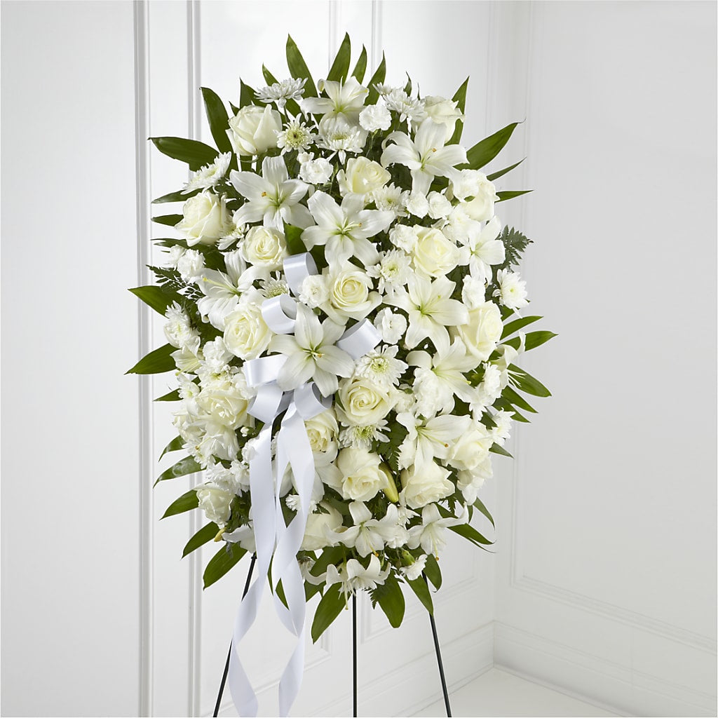 Exquisite Tribute Standing Spray-White Ribbon – Backroads Florist, Blairsville GA