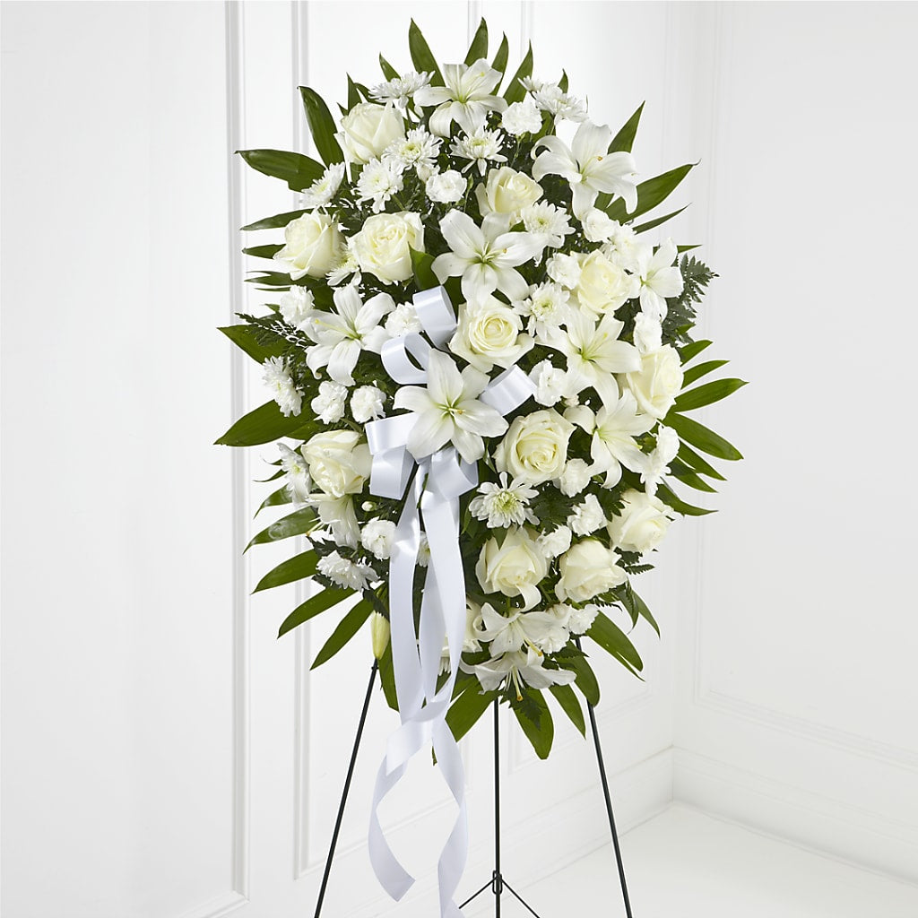 Exquisite Tribute Standing Spray-White Ribbon – Backroads Florist, Blairsville GA