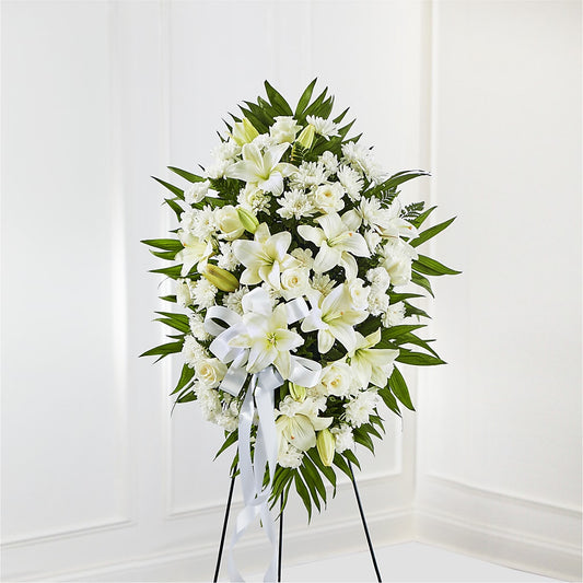 Exquisite Tribute Standing Spray-White Ribbon –  Backroads Florist, Blairsville GA